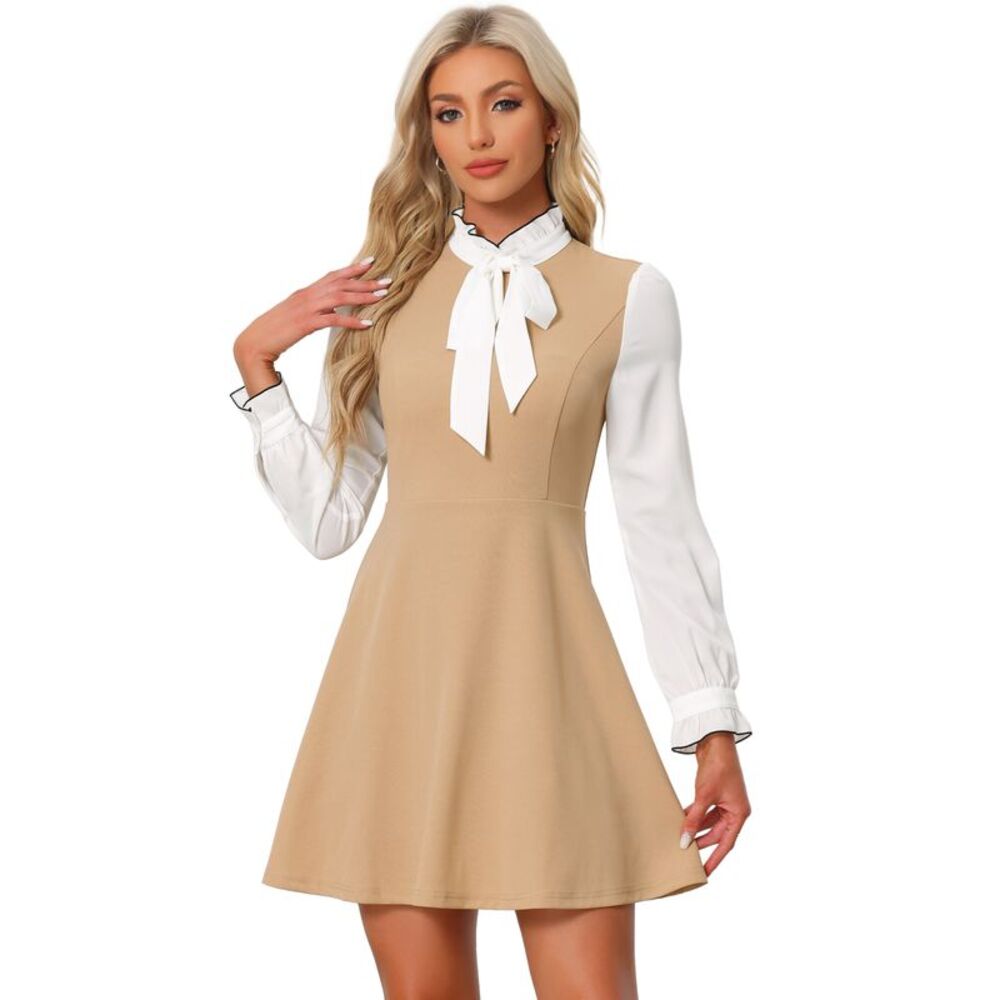 Contrast Color for Vintage Long Sleeve Tie Neck Dress Khaki